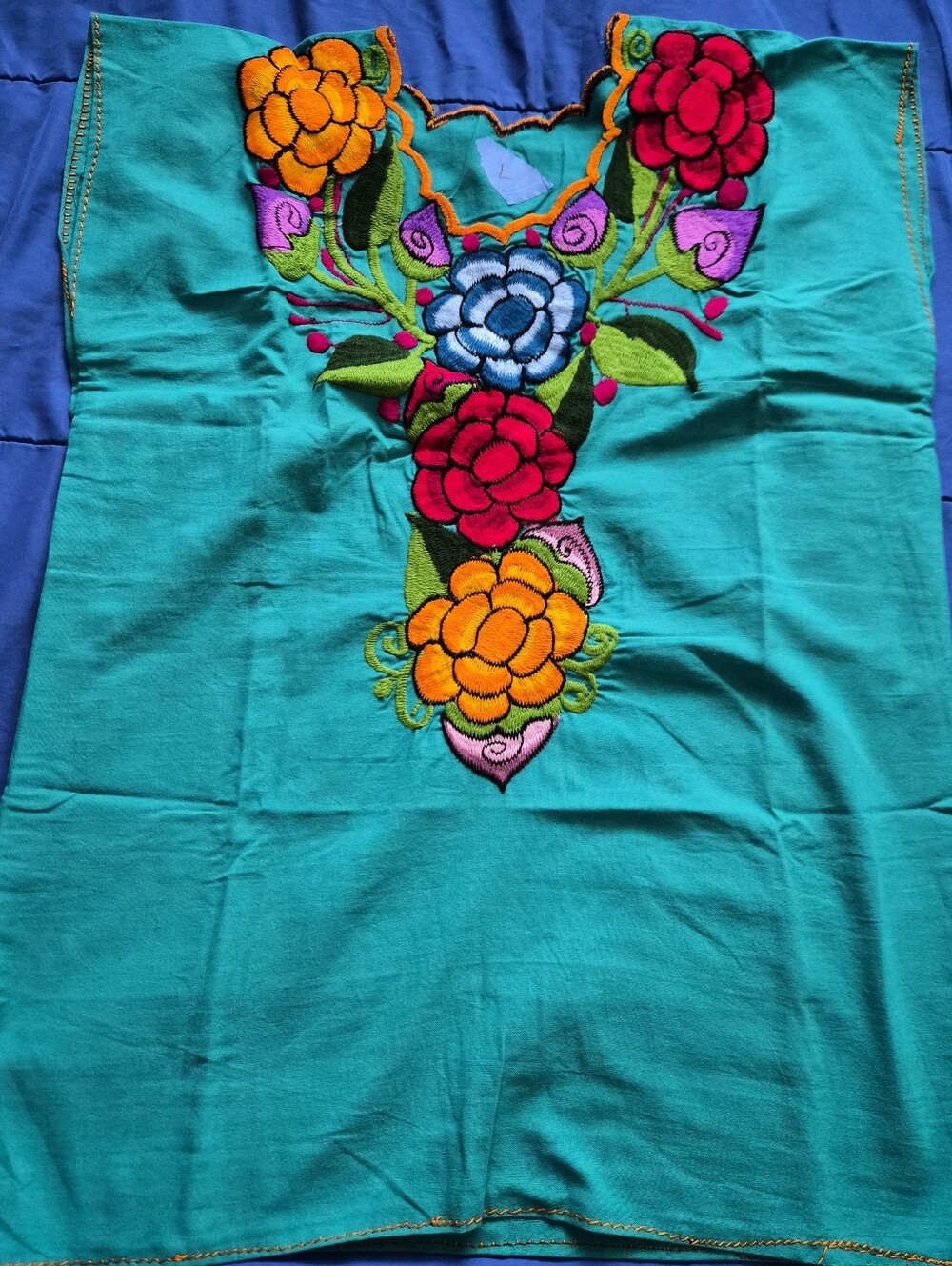 Embroidered Teal Floral V-Neck Women’s Top